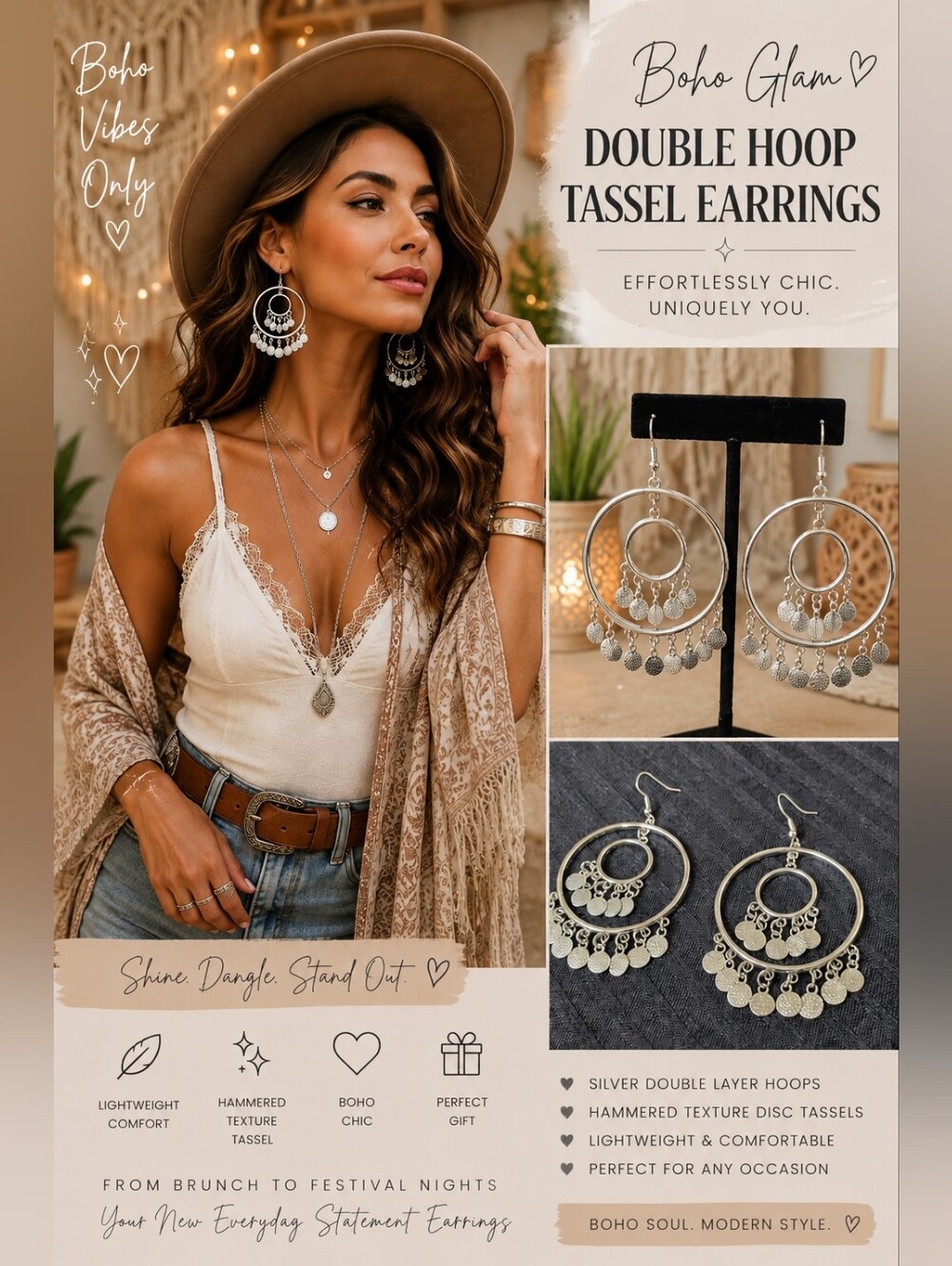 Silver Double Hoop Tassel Earrings | Hammered Disc Statement Dangle Earrings